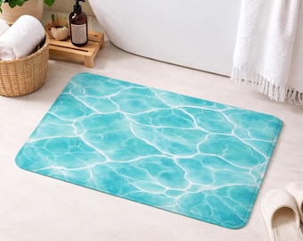 Turquoise Water Pattern Bath Mat Coastal Spa Bathroom Rug Non Slip