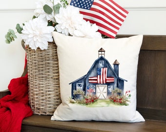 Patriotic Farmhouse Barn Throw Pillow Americana Red White Blue Decor