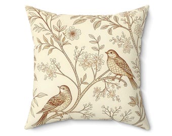 Decorative Throw Pillow Cover Birds Floral Botanical Beige Farmhouse Sepia