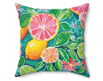 Colorful Citrus Throw Pillow Lemon Grapefruit Floral Tropical Decor