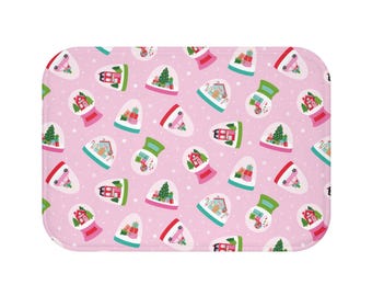 Pink Christmas Snow Globe Bath Mat, Holiday Bathroom Decor