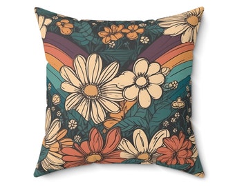Groovy 70s Floral Rainbow Pillow, Handgemaakt Vintage Geïnspireerd Decoratief Kussen, Seventies Decor, Retro Decor, Boho Hippie Flower Pillow Cover