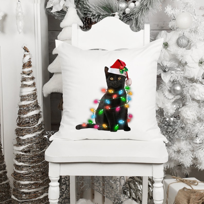 Christmas Winter Black Cat with Christmas Lights Pillow, Cat Lover Pillow, Holiday Pillow, Winter Decor Pillow, Holiday Decor, Cat Lover image 1