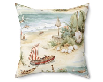 Beach Throw Pillow, Vintage Victorian Beach Landscape Pillow Cover, Coastal Seaside Ocean Scene Throw Pillow, Beach House Pillow Beach Decor