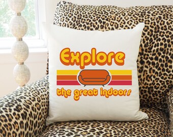 Explore The Great Indoors Pillow Or Cover, Funny Pillow, Introvert, Quarantine Life, Explore, Lounging Pillow, Indoors, Couch Pillow, Retro