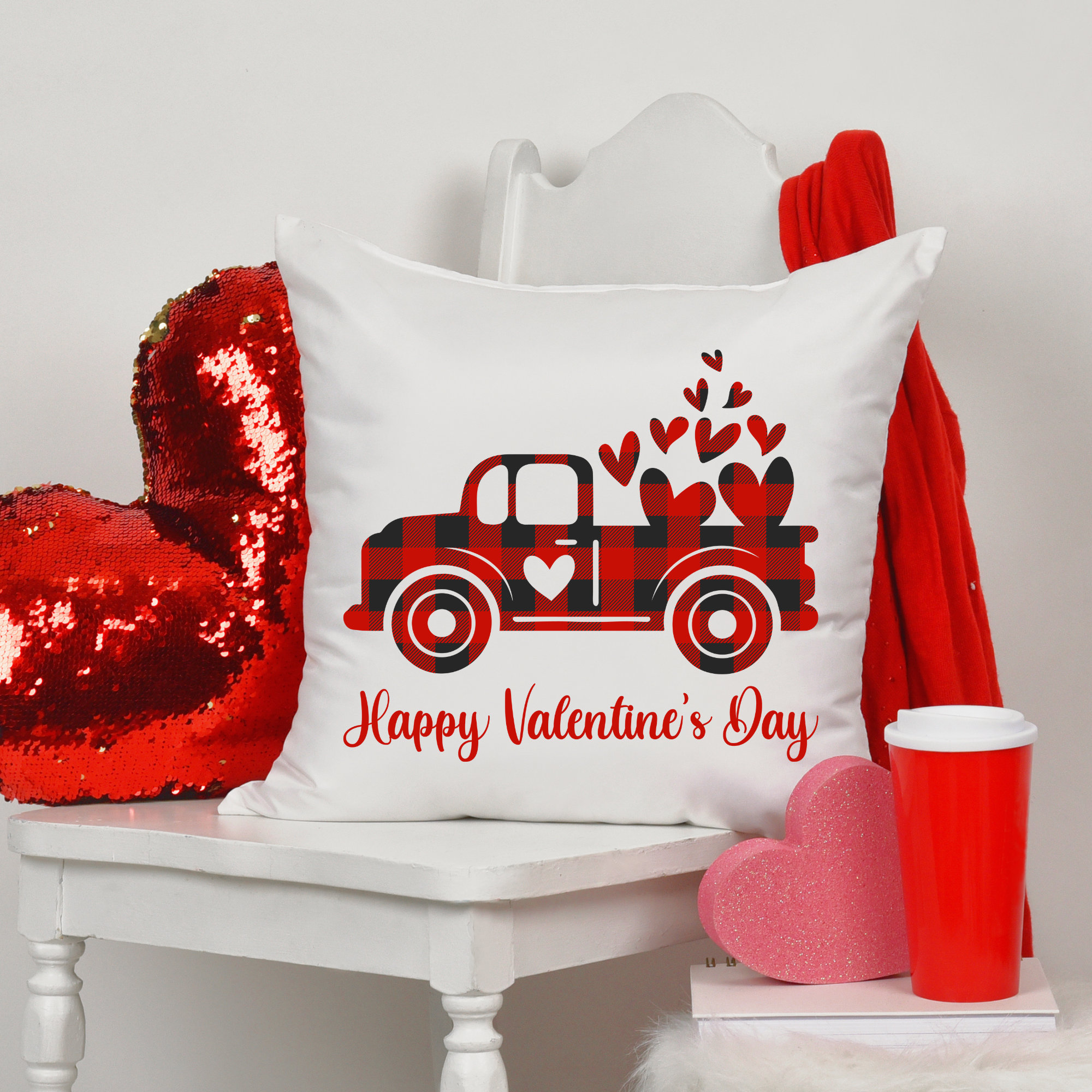 Two Red Hearts Glitter Valentine Day Pillow Case Cover Protector Bed
