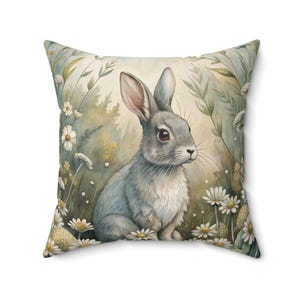 Whimsical Bunny Throw Pillow, Woodland Rabbit with Daisies Wildflowers, Spring Summer Cottagecore Animal Decor for Sofa or Nursery, Woodland