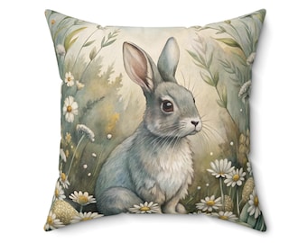 Bunny Rabbit Throw Pillow Cottagecore Farmhouse Easter Spring Floral Decor Cushion