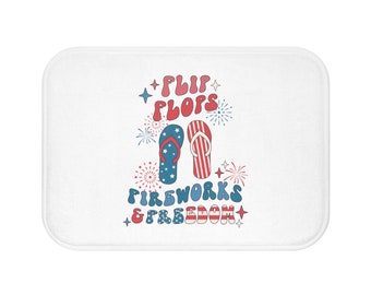 Retro Patriotic Bath Mat, Summer Bathroom Decor, Flip Flops Fireworks Freedom , Independence Day, Memorial Day, Americana Decor, Memory Foam