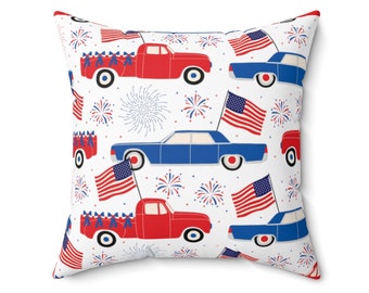 Patriotic Pillow, Red White Blue Trucks Cars Pillow Cover, Memorial Day, Fourth of July, Independence Day, Labor Day, Farmhouse Summer Decor