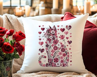 Floral Cat Throw Pillow Cover Valentine Hearts Botanical Red White Decor