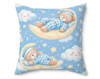 Baby Boy Nursery Throw Pillow Sleeping Teddy Bear Moon Stars Blue Decor