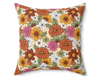 Retro Smile Flower Throw Pillow 70s Floral Cottagecore Decor