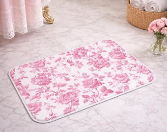Pink Floral Bath Mat Cottagecore Shabby Chic Rose Bathroom Rug