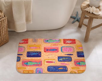 Coastal Sardine Fish Bath Mat Nautical Beach Bathroom Rug Colorful Ocean Decor