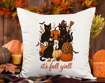 Its Fall Y'all Black Cat Pumpkin Throw Pillow Autumn Halloween Decor