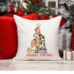 Christmas Winter Cat Pillow, Cat Lover Pillow, Holiday Pillow, Meowy Catmas Pillow, Holiday Decor, Cat Lover Gift, Cat Christmas Tree
