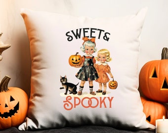 Mid Century Halloween Pillow, Retro Children and Cat Halloween Decor, Vintage Halloween Pillow Cover, Mid Century Fall Decor, Spooky Sweet