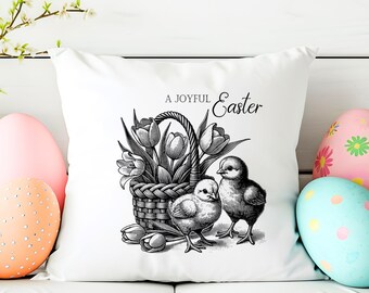 Easter Chick & Tulip Pillow: Vintage Farmhouse Spring Decor