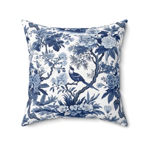 Chinoiserie Blue Floral Bird Throw Pillow Cover, Art Print Pillow, Unique Design Pillow, Home Sofa Cushion, Chinois Bird Exotic Scene