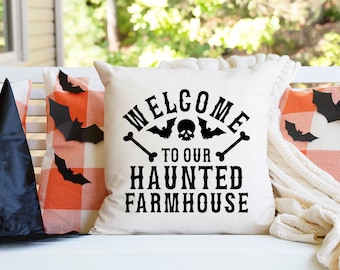 Halloween Throw Pillow, Welcome to our Haunted Farmhouse Home Decor Throw Pillow Cover, Spooky Autumn Home Decor, Farmhouse Halloween