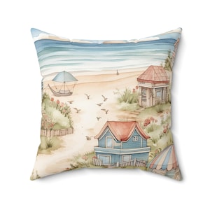 Beach Throw Pillow - Victorian Beach Landscape Pillow Cover - Coastal Seaside Ocean Scene Throw Pillow - Beach House Pillow - Beach Decor