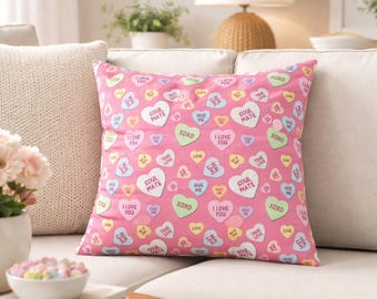 Valentine Candy Hearts Throw Pillow Pink Conversation Heart Love Decor
