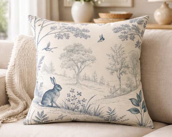 Farmhouse Toile Bunny Bird Throw Pillow Blue Beige Cottage Decor