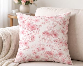 Pink Floral Decorative Throw Pillow Cottagecore Farmhouse Toile Home Decor