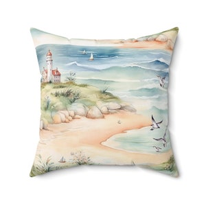 Beach Throw Pillow - Victorian Beach Landscape Pillow Cover - Coastal Ocean Scene Square Throw Pillow - Beach House Pillow - Beach Decor