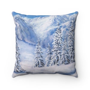 Winter Landscape Pillow Cover: Snowy Mountain Evergreen Trees