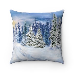 Winter Snowy Forest Pillow Cover, Christmas Pine Tree Decor, Cozy Cabin Throw Pillow, Holiday Lodge Cushion, Winter Landscape Cushion