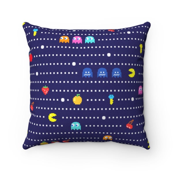 Retro Arcade Style Throw Pillow Gamer Pixel Pattern Navy Decorative Cushion Video Game Room