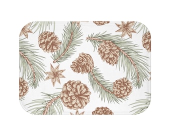 Pinecone Bath Mat Rustic Nature Lodge Bathroom Rug Non Slip Pine Branch Print