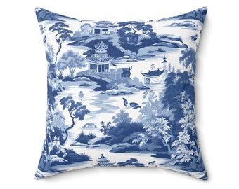 Blue White Chinoiserie Throw Pillow Asian Pagoda Toile Decor