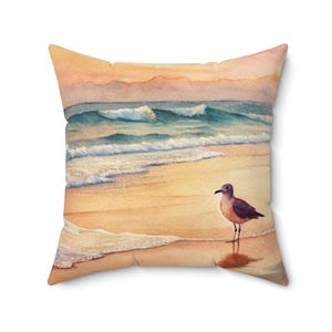 Watercolor Seagull Throw Pillow: Coastal Ocean Sunset Accent Cushion