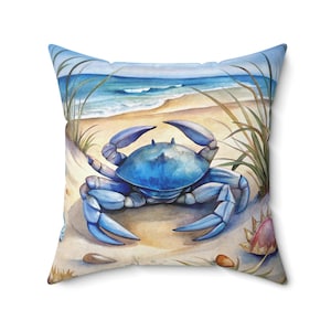Blue Crab Pillow, Coastal Beach Decor, Nautical Ocean Cushion, Watercolor Sea Life Throw Pillow for Beach House, Beach Summer Decor