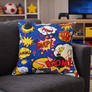 Comic Book Throw Pillow Pop Art BOOM POW Kids Room Game Room Decor