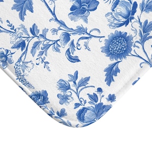 Vintage Blue Floral Bath Mat: Memory Foam Bathroom Decor