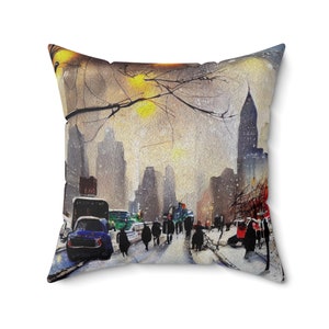 Winter City Scene Pillow, Winter Pillow Cover, Christmas Winter Home Decor, Gift, Winter Scene Pillow, Winter Decor, Retro City Painting