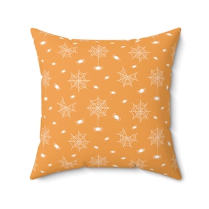 Halloween Throw Pillow: Orange Spiders & Webs - Spooky Fall Decor