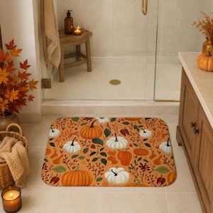 Fall Pumpkin Bath Mat Autumn Bathroom Decor White Orange Pumpkins Leaves