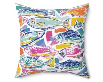 Colorful Coastal Fish Throw Pillow Beach Nautical Ocean Decor Cushion