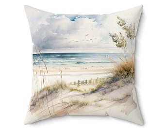 Beach Throw Pillow - Watercolor Coastal Landscape Pillow Cover - Coastal Ocean Scene Square Throw Pillow - Beach House Pillow - Beach Decor