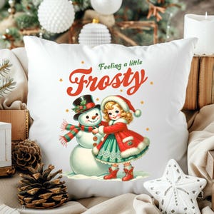 Vintage Style Christmas Pillow, Holiday Snowman Pillow, Nostalgic Mid Century Pillow, Festive Holiday Throw Pillow, Retro Xmas Girl