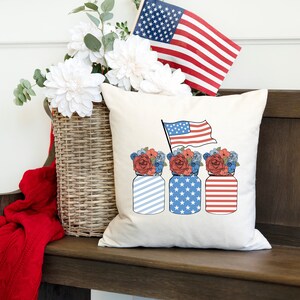 Americana Decor, Memorial Day Pillow, Fourth of July, Patriotic Farmhouse Decor, Flowers Pillow Covers, Rustic Decor, Mason Jars, Summer