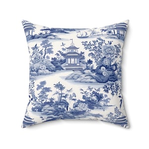 Blaues Chinoiserie-Kissenbezug – Pagodengarten-Druckkissenbezug – Asiatisch inspirierte blaue und weiße dekorative Wohndekoration, Chinoiserie-Kissenbezug