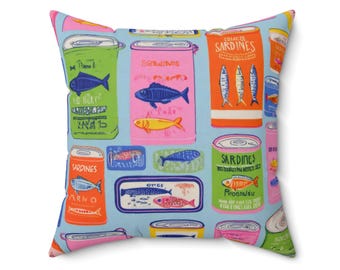 Colorful Sardine Can Throw Pillow Coastal Fish Kitchen Pop Art Cushion