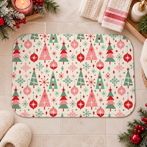Retro Christmas Bath Mat, Mid Century Holiday Trees, Pink Red Mint Atomic Xmas Decor