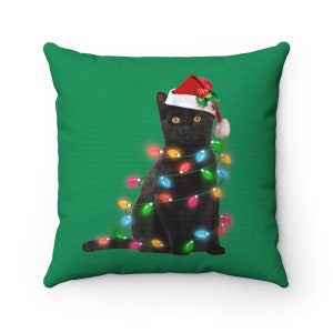 Christmas Winter Black Cat with Christmas Lights Pillow, Cat Lover Pillow, Holiday Pillow, Winter Decor Pillow, Holiday Decor, Cat Lover image 5